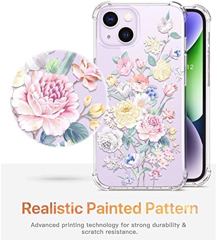 RoseParrot [4-in-1] iPhone 14 Plus מארז עם מגן מסך זכוכית מחוסמת + מגן עדשת מצלמה, ברור עם עיצוב דפוס פרחוני,